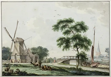 De Ulrumertil over de trekvaart met pelmolen en op de achtergrond de kerk van Ulrum